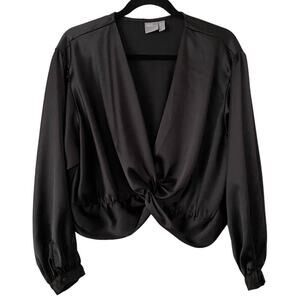 ASOS Cropped Sexy Black Satin Twist Front Long Sleeve Blouse - US 12 / UK 16